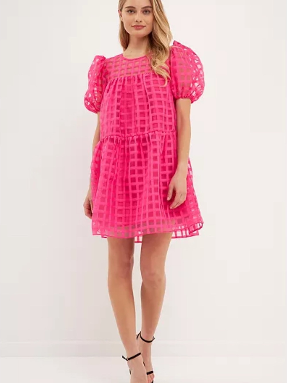 Women’s Gridded Puff Sleeve Dress